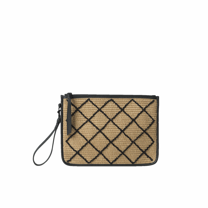 Cross pochette in black leather & straw