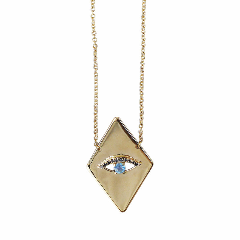 Large diamond shaped "Evil Eye" necklace in 9k yellow gold