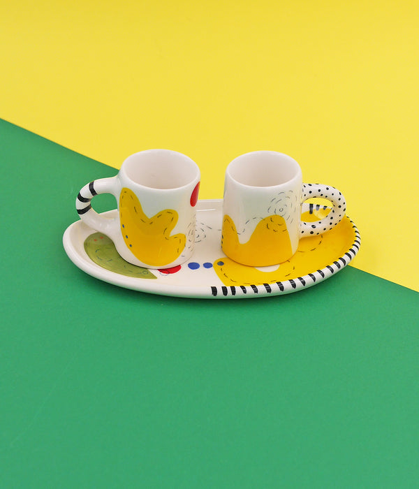 Ceramic Espresso Cups with Handles & Mini Tray