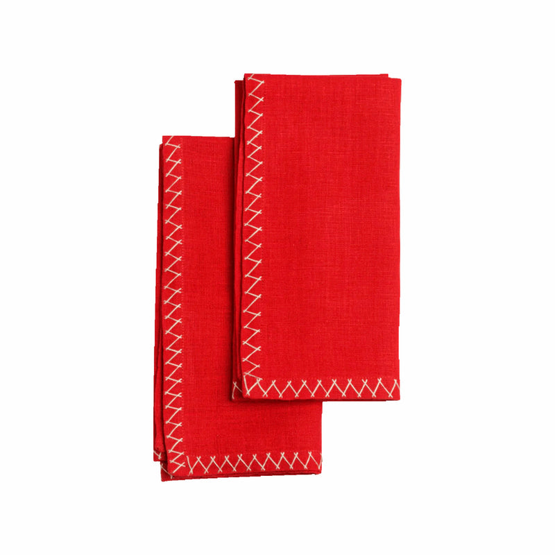 Julia Red Zigzag Hand-embroidered Set Of 2 Linen Napkins