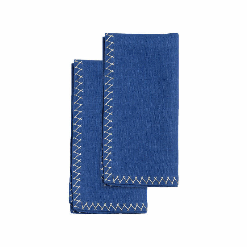 Julia Blue Zigzag Hand-embroidered Set Of 2 Linen Napkins