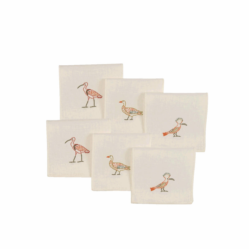 Birdlife Hand-Embroidered Set of 6 Linen Cocktail Napkins