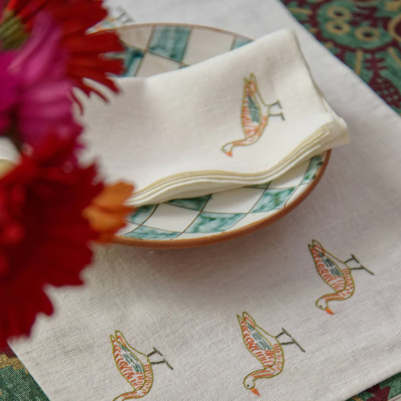 Birdlife Hand-Embroidered Set of 6 Linen Cocktail Napkins