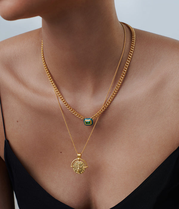 Green Enamel & Stone Floating Pendant Chain Necklace