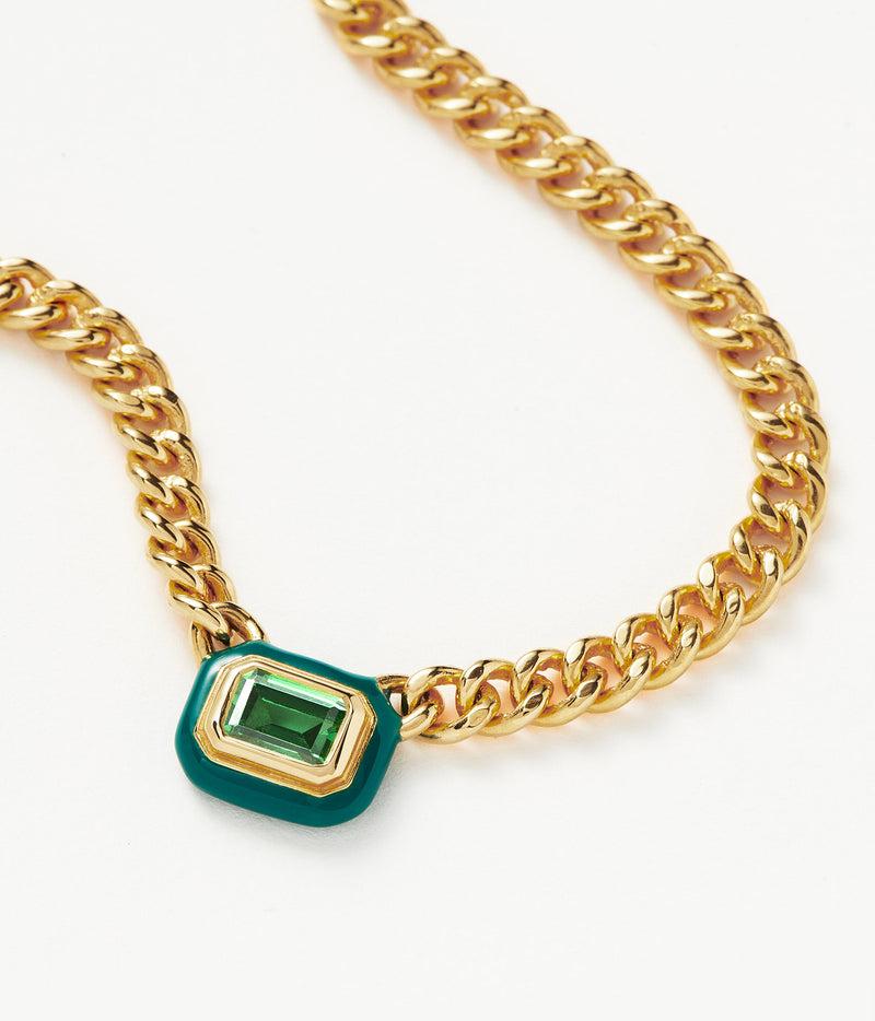 Green Enamel & Stone Floating Pendant Chain Necklace