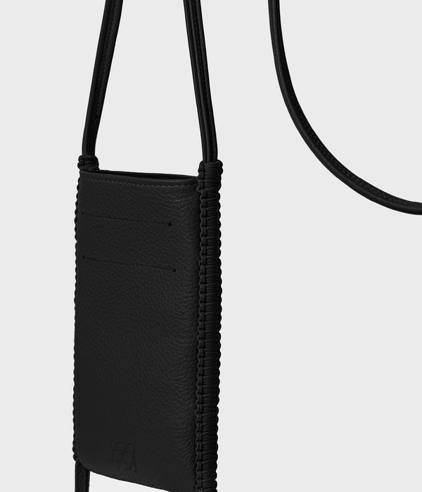 Fringed textured-leather phone case in black