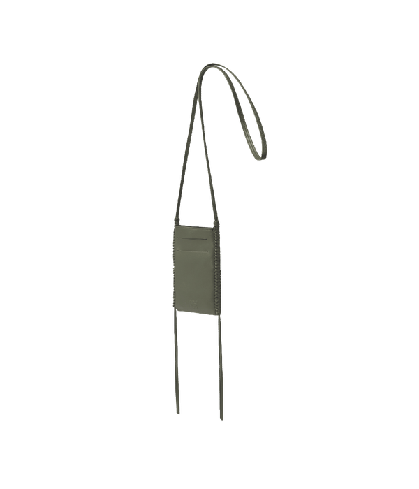 Fringed textured-leather phone case in sage