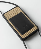 Cross phone bag in black leather & straw