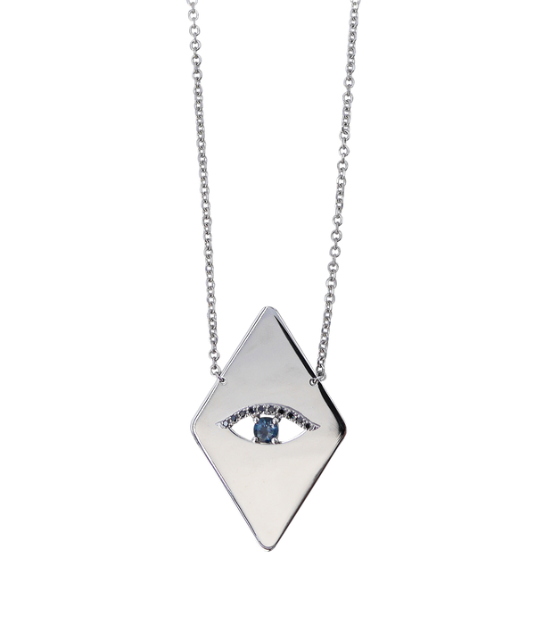 Large Diamond Shaped Evil Eye Necklace in White Gold