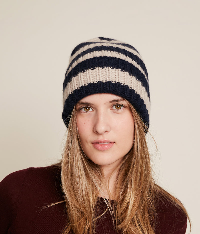 Sailor Bold Striped Cashmere Beanie in Navy & Jute