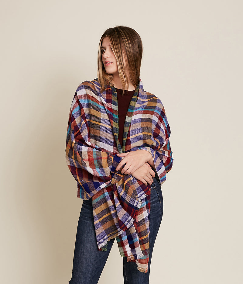 Mirror Check Cashmere Shawl in Browns & Blues
