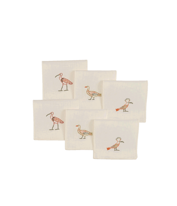 Birdlife Hand-Embroidered Set of 6 Linen Cocktail Napkins